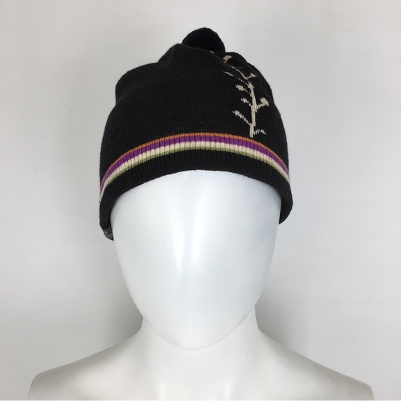 Vintage Turtle Fur Wool Beanie Hat Pom Pom Unisex Black With Colorful Stripes - Picture 8 of 9